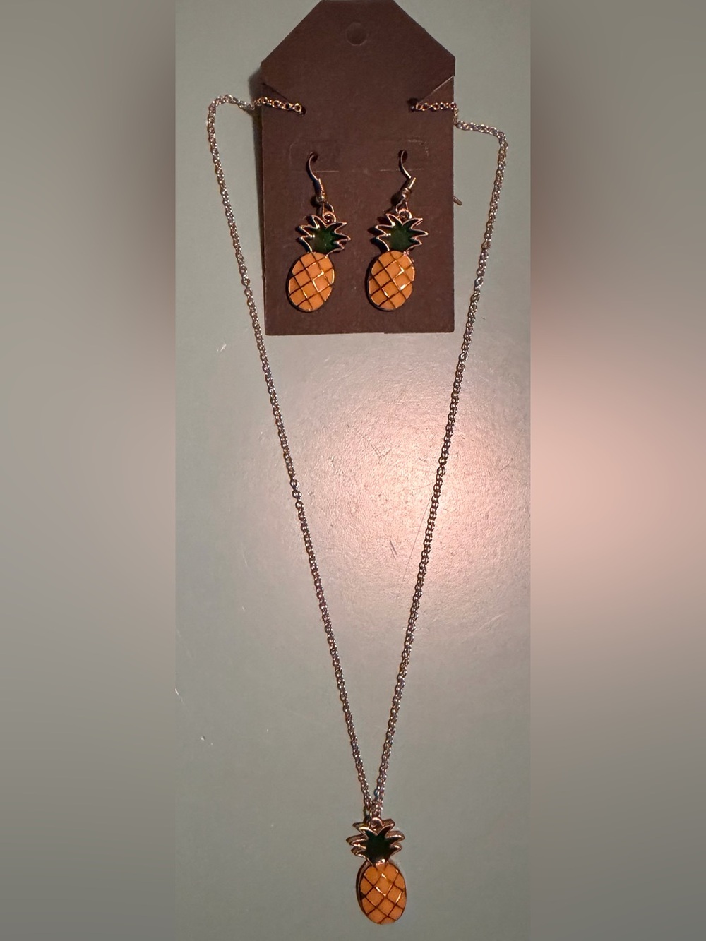 Pineapple Pendant Necklace and Earrings Set - Gold Chain & Yellow & Green Enamel